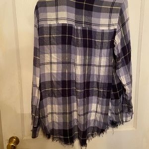 Blue plaid fringed button down